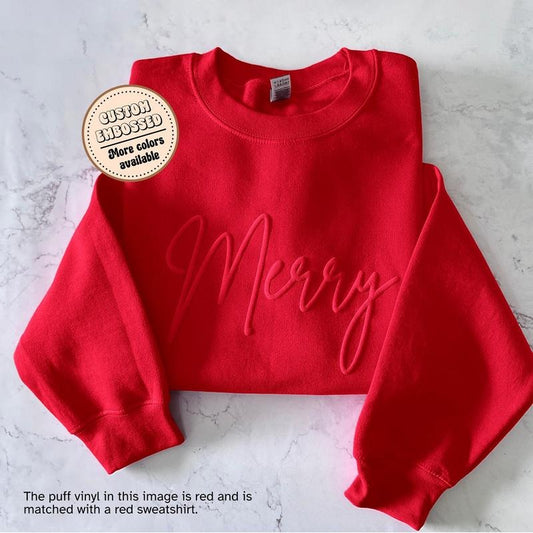 Puff Print Merry Christmas Sweatshirt, Puff Print Letter Winter Sweater, Christmas Crewneck, Family Holiday Sweater, Family Gift