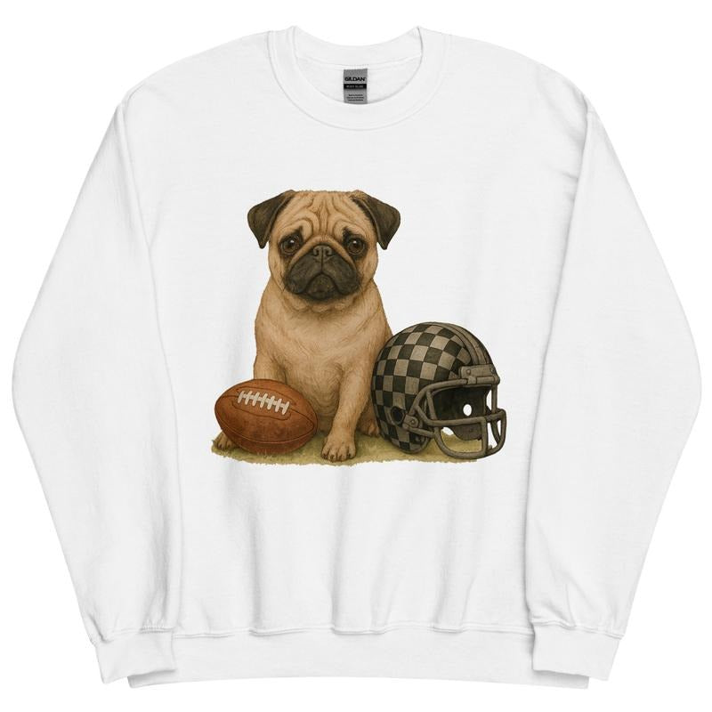 Pug Football Sweatshirt - Unisex Apparel Relaxed Fit Printed In The USA Clothing Womenswear Casual Comfort Cotton Top Athletic Boho ChiC
