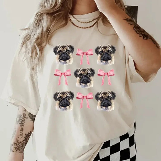 Pug with bows Shirt ~ Unisex Apparel Relaxed Fit Printed In The USA Clothing Womenswear Casual Comfort Cotton Top Athletic Boho Chic
