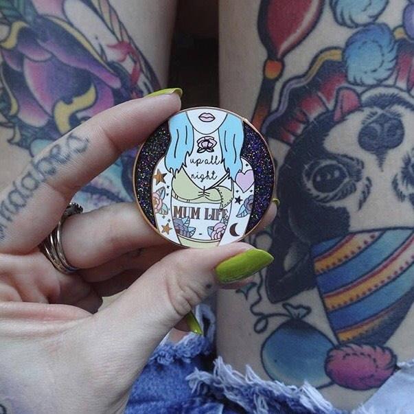 Up All Night Mum Nursing / Pumping Tattoo hard enamel pin. 1.75 inches in size. Extra large pin.