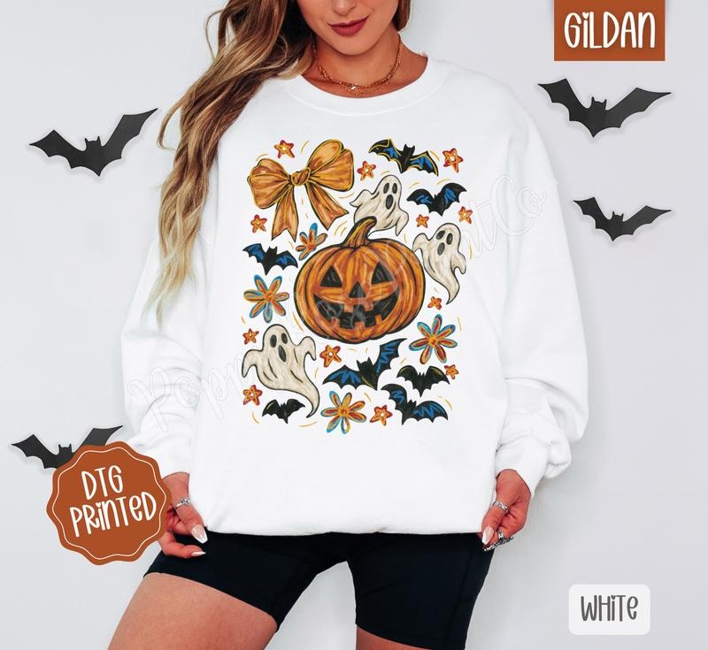 Pumpkin Floral Collage Sweatshirt, Trendy Halloween Crewneck T-Shirts, Hoodie | WearSparks.com
