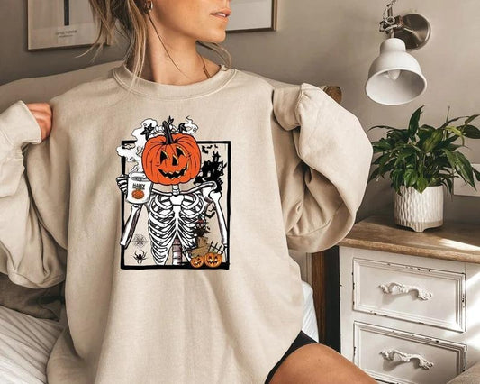 Pumpkin Skeleton Drinking Coffee Shirt, Funny Halloween T shirt, Skeleton Coffee Lover Shirts, Enjoy Pumpkin Sweatshirt,...