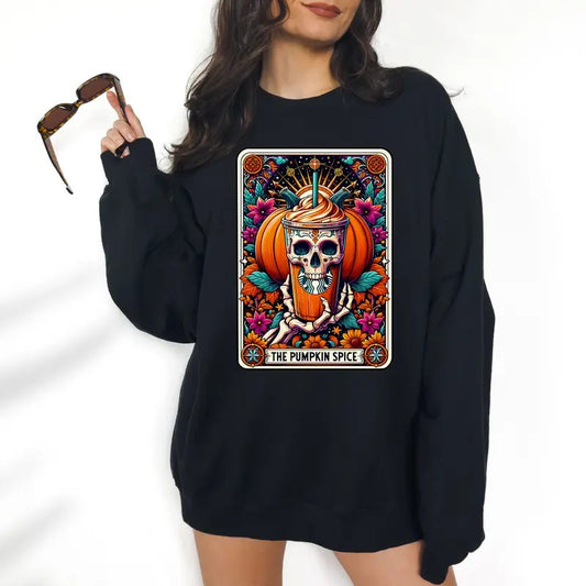 Pumpkin Spice Tarot Halloween Sweatshirt - DTF Print Unisex T-Shirt, Funny Tee, Funny Apparel, Gift Idea, Relaxed Fit, Casual Apparel, Cute Top, Great with Jeans, All Seasons, Fun Style, Comfortable Shirt