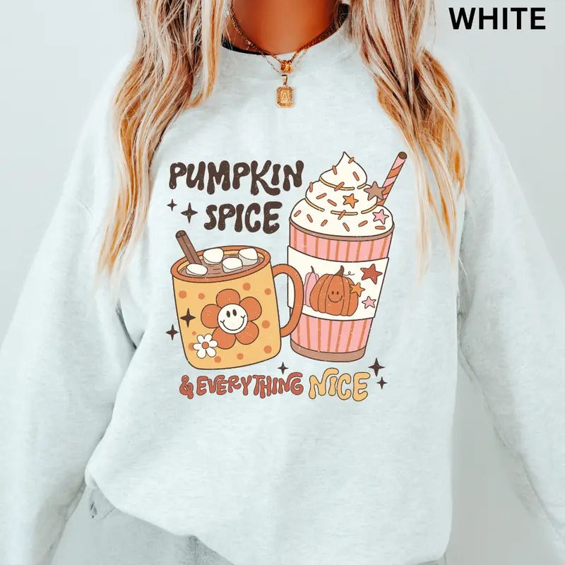 Pumpkin Spice and Everything Nice Sweatshirt, Fall Crewneck Sweatshirt, Fall Crewneck, Retro Sweatshirt Graphic Oversized Halloween Graphic Crewneck, Cotton Pullover Spooky Season Sweater
