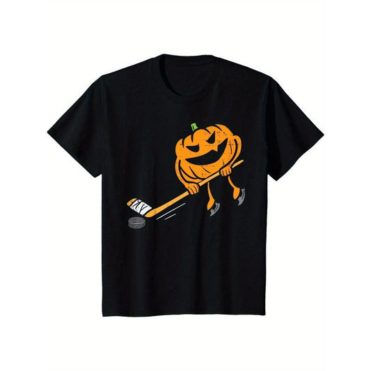 Pumpkin playing hockey funny Halloween costume sports T-shirt Made in USA