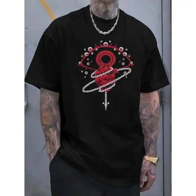Pure Cotton Men's Short Sleeve T-Shirt - Eye, Heart And Chain Pattern Tee for Street and Casual Wear Made in USA