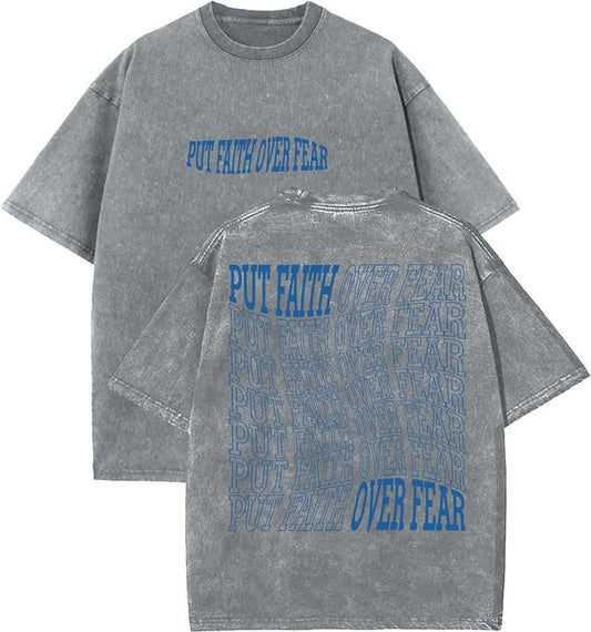 Put Faith Over Fear Unisex Washed T-Shirt, Christian Tshirts, Vintage 90s Graphic Tee, Gift Top Womenswear Cotton Mineral Color