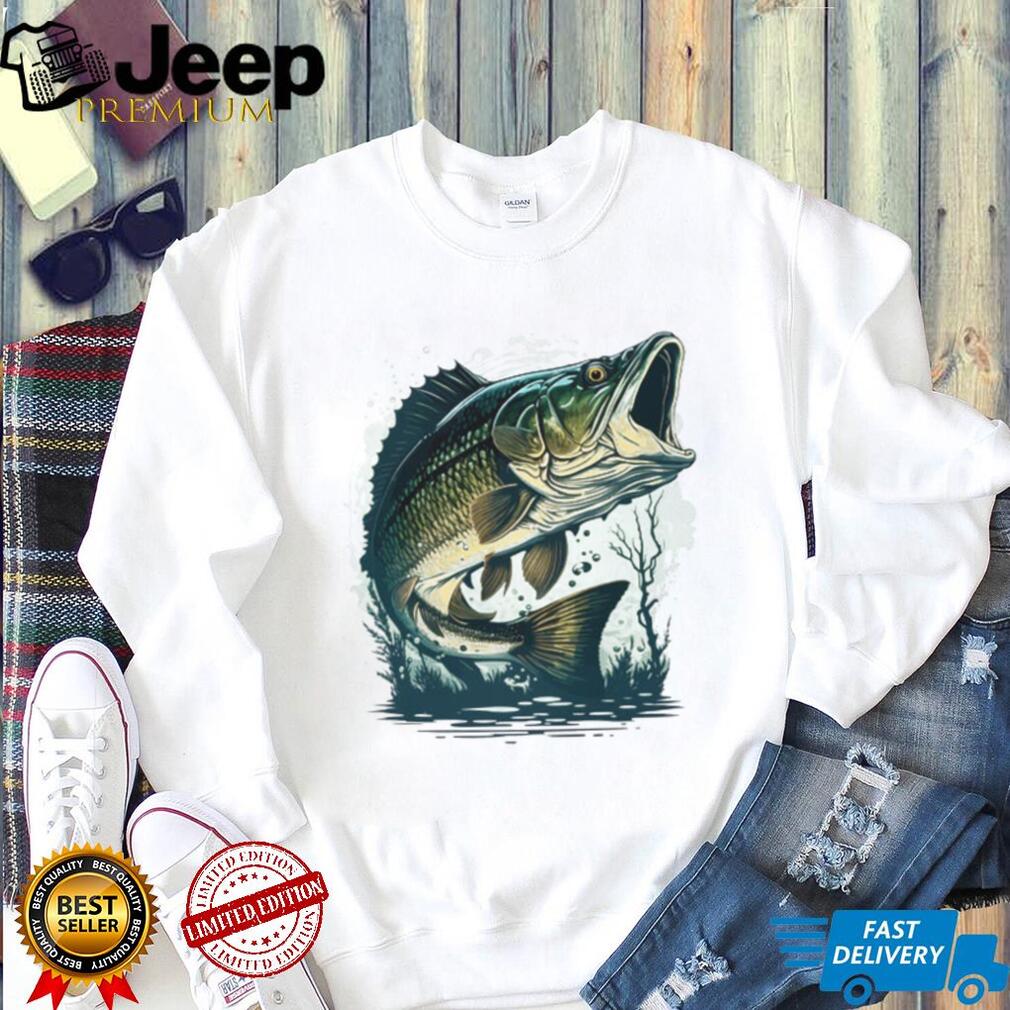 Largemouth Bass Fishing Jumping Out of Water Illustration T shirt