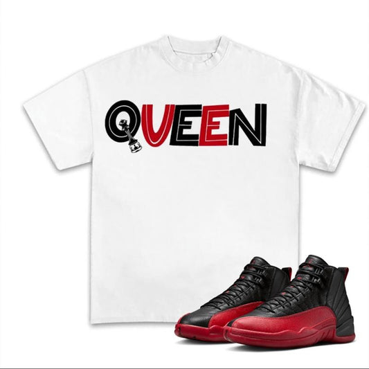 Queen Match 12 Flu Game Sneakers, Unisex Streetwear Graphic Tee, Cotton T-shirt, Y2K Fitted Crewneck Style