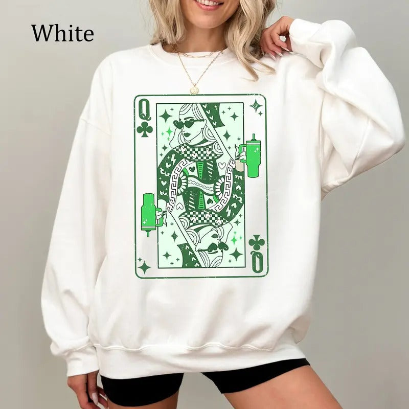 Queen of Clubs St. Patrick's Day Sweatshirt, Lucky Shamrock Irish Pullover, Vintage St. Paddy's Day Crewneck, Fun Green Party Shirt, Cozy Fleece Sweatshirt, Everyday Casual Comfort