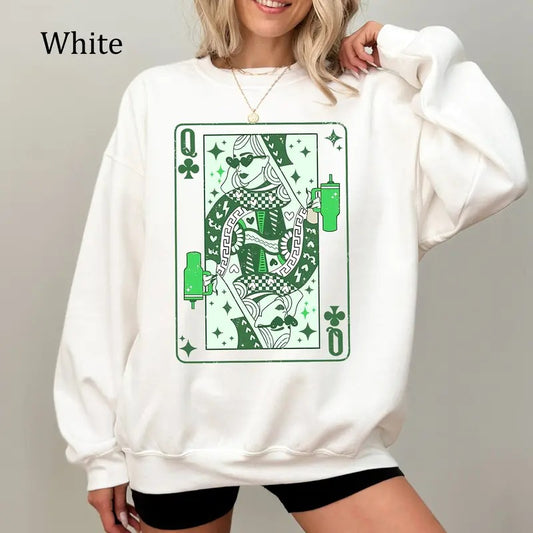 Queen of Clubs St. Patrick's Day Sweatshirt, Lucky Shamrock Irish Pullover, Vintage St. Paddy's Day Crewneck, Fun Green Party Shirt, Cozy Fleece Sweatshirt, Everyday Casual Comfort