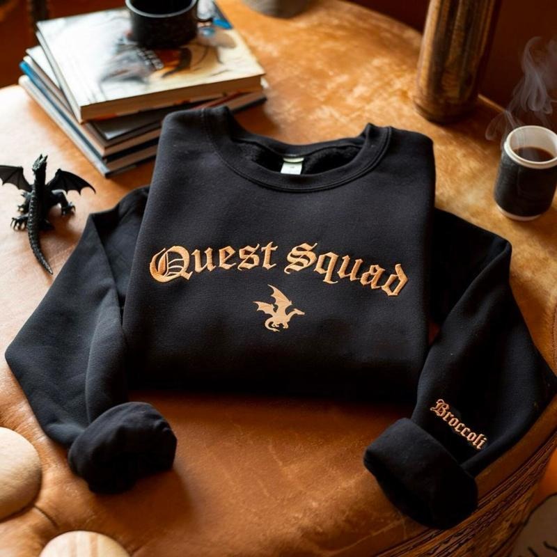 Quest Squad Embroidered Crewneck, Basgiath War College Shirt, Fourth Wing Embroidered Sweatshirt, Iron Flame Hoodie, Onyx Storm Sweatshirt