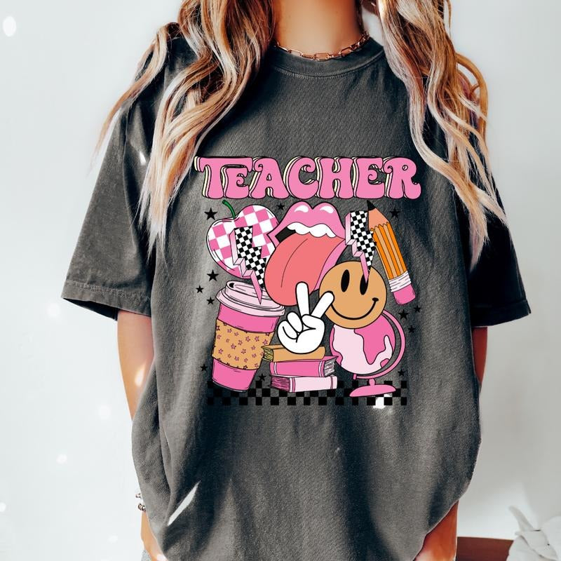 RETRO TEACHER SHIRT  (COMFORT COLORS T-SHRIT, CAUSAL SHIRT UNISEX, TEACHER CLOTHING, GRAPHIC APPAREL) Cotton Fabric