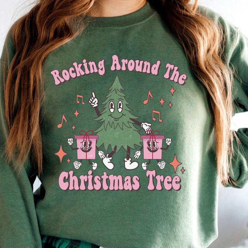 ROCKIN' AROUND THE CHRISTMAS TREE RETRO CREWNECK (Crewneck Sweatshirt, Unisex Fit, Causal Sweatshirt for Christmas, Christmas Holiday Sweatshirt) Womenswear Hoodie