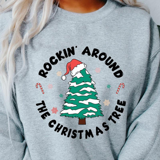 ROCKING AROUND THE TREE CIRCLE LOGO CREWNECK (Crewneck Sweatshirt, Unisex Fit, Causal Sweatshirt for Christmas, Christmas Holiday Sweatshirt) Womenswear Hoodie Oversized Cotton Sweaters