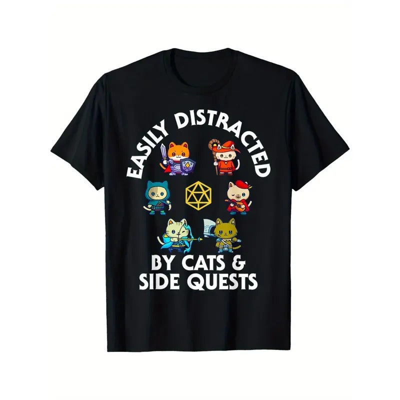 RPG Gamer Cats Side Quests D20 Dice Nerdy Cat Men Women Kids T-Shirt Made in USA