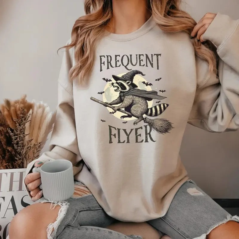 Raccoon Halloween Sweatshirt Unhinged Witch Flyer Raccoon Vintage Spooky Season Gift Funny Cute Halloween Shirt Womenswear Hoodie