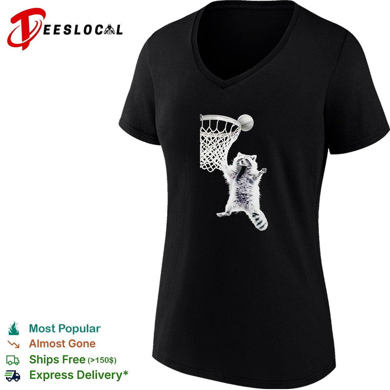 Raccoon flying and dunking basketball in hoop shirt