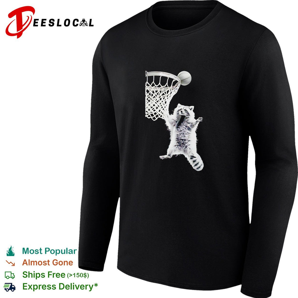 Raccoon flying and dunking basketball in hoop shirt