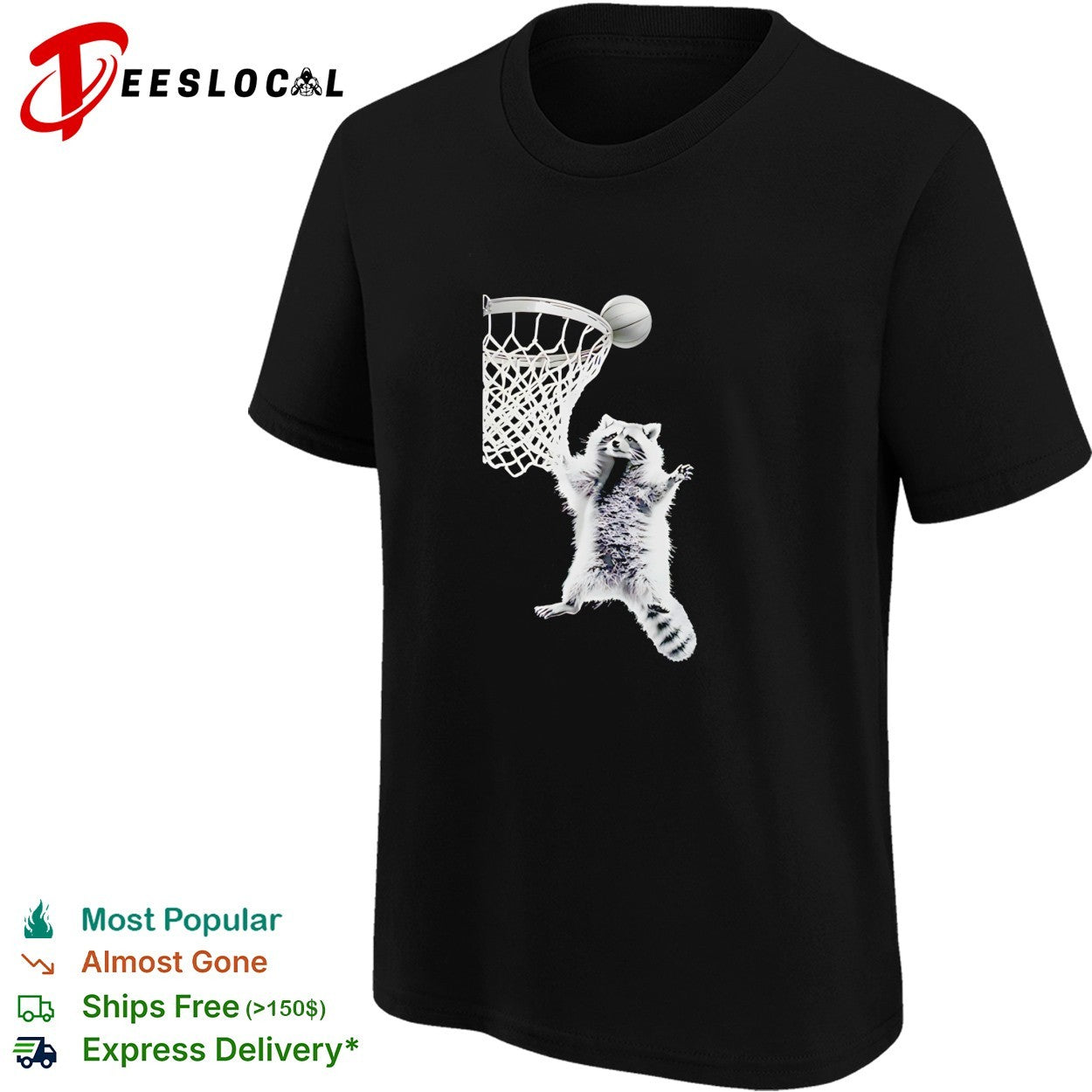Raccoon flying and dunking basketball in hoop shirt