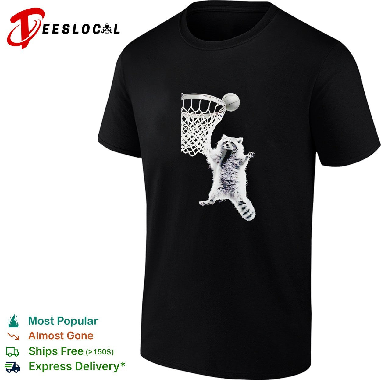 Raccoon flying and dunking basketball in hoop shirt