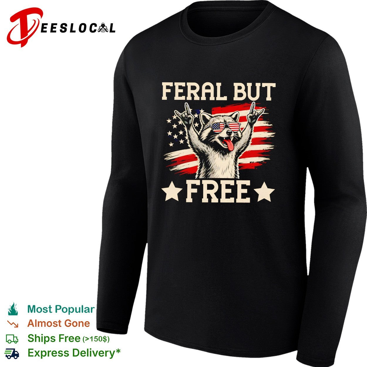Raccoon raising arms wearing USA glasses feral but free shirt