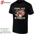 Raccoon raising arms wearing USA glasses feral but free shirt