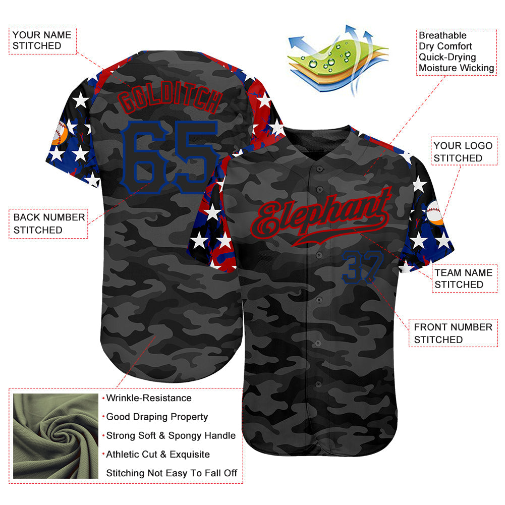 Custom Camo Black Royal-Red American Flag Star Raglan Sleeves Patriotic Authentic Baseball Jersey