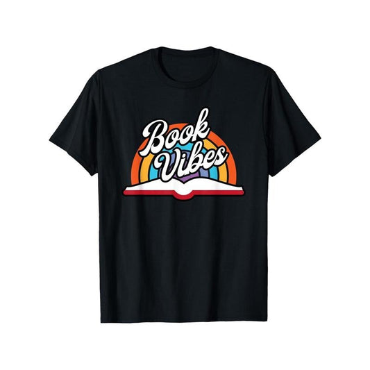 Rainbow Book Vibes - Retro Book Lover's Cotton T-Shirt | Perfect Gift for Readers, Men & Women | Casual Round Neck Tee with Short Sleeves | Machine Washable | Black Made in USA