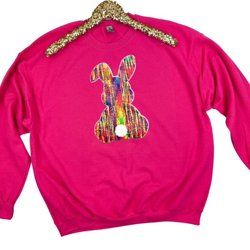 Rainbow Chenille Bunny Patch Sweatshirt -- HOT PINK