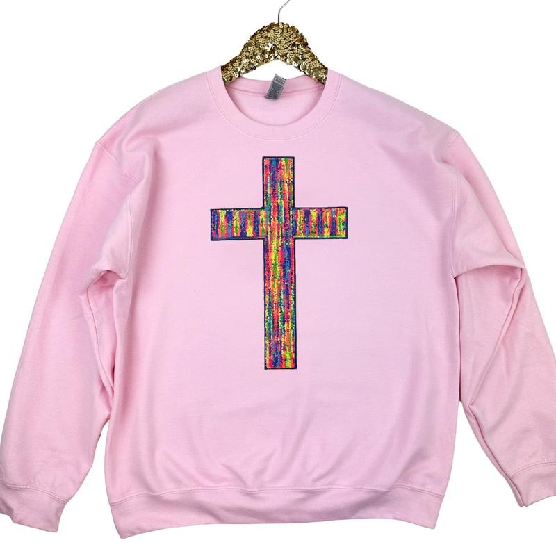 Rainbow Chenille Cross Patch Sweatshirt -- LIGHT PINK T-Shirts, Hoodie | WearSparks.com