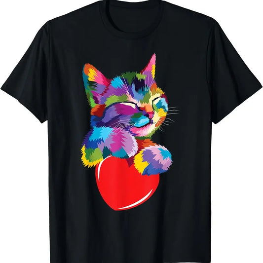 Rainbow Cute Cat Hugging Heart T-Shirt | Unisex Cotton Tee Gift | Full Size