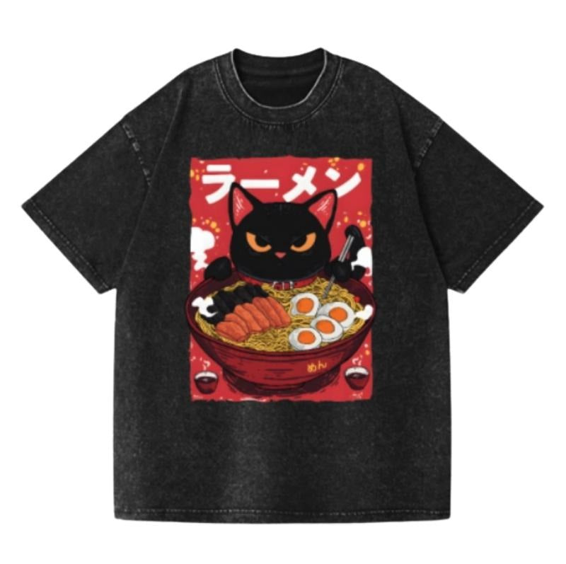Ramen Black Cat Vintage Wash Japanese Design T-Shirt