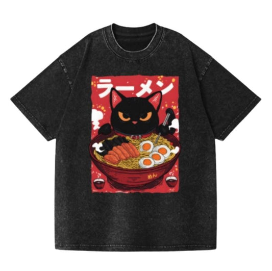 Ramen Black Cat Vintage Wash Japanese Design T-Shirt