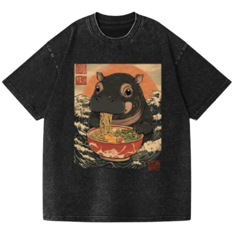 Ramen Hippo Ukiyoe Wave Vintage Wash Japanese Design T-Shirt Womenswear Top Comfort Streetwear Summer