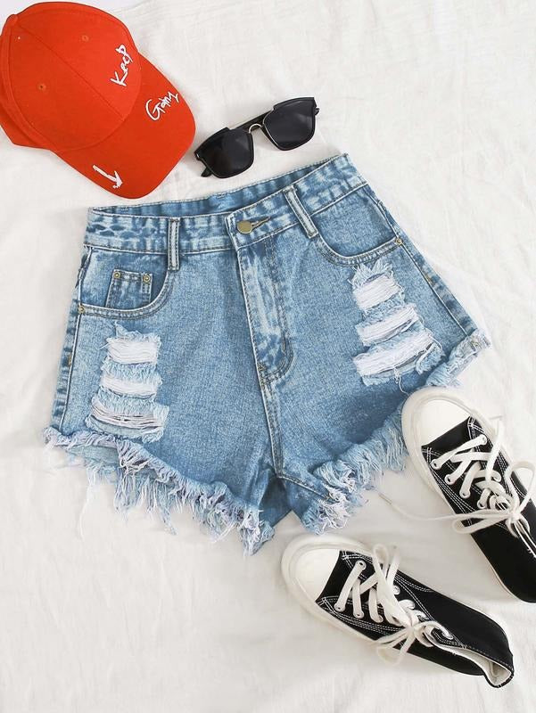 Raw Hem Ripped Button Front Wide Leg Denim Jeans Casual Solid Shorts Soft Womenswear Micro Shorts