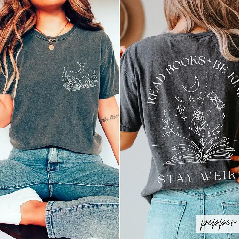 Read Books Be Kind Stay Weird Shirt, Whimsigoth Bookish Tee, Celestial Book Lover Shirt, Bookworm T-Shirt, Booktok Shirt...
