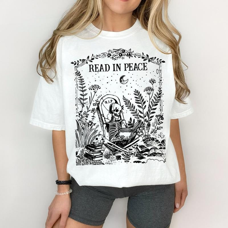 Read In Peace T-Shirt, Skeleton Reading Book Lover Sweatshirt, Bookish Halloween Shirt for Spooky Season, Book Lover Hoodie