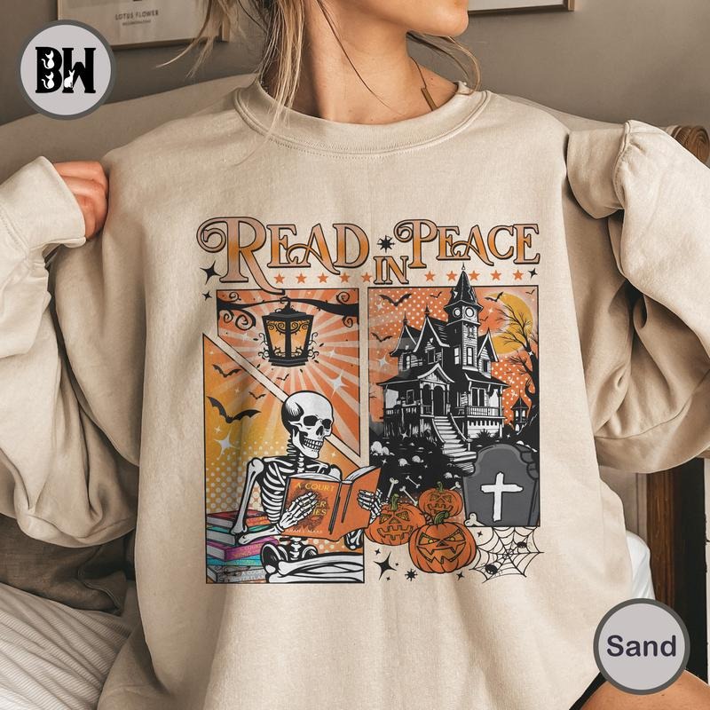Read in Peace Sweatshirt, Read in Peace T-Shirt, Comfort Colors Shirt, Skeleton Book Sweatshirt, Book Lover Halloween,...