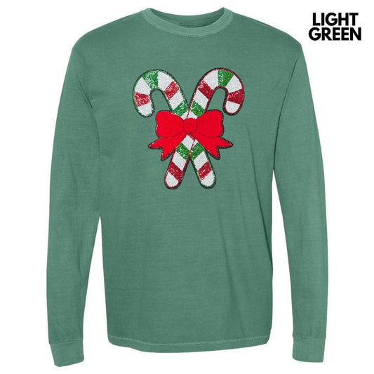 Red & Green Sequin Candy Cane Patch Long Sleeve Comfort Colors T-Shirt
