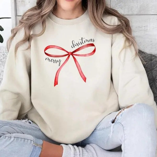 Red Bow Coquette Christmas Sweater, Merry Christmas Bow Sweatshirt, Holiday Bow Sweater, Unisex Shirt, Gift For Her, Gift For Him, Full Size, Full Color