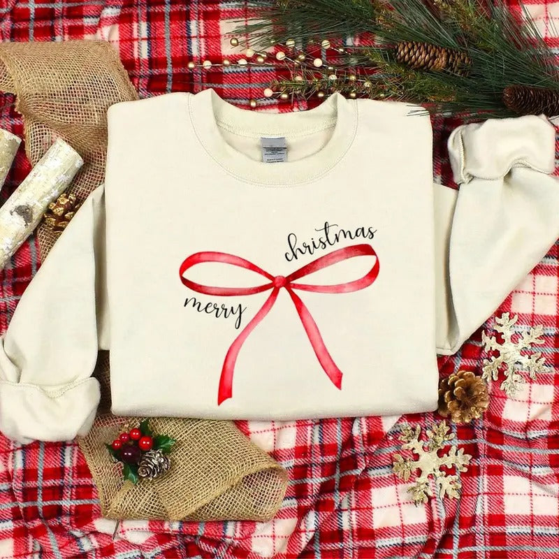 Red Bow Coquette Christmas Sweatshirt, Merry Christmas Bow Shirt, Merry Christmas Coquette Sweater for Holidays, Holiday Bow Shirt, Girly Christmas Sweatshirt