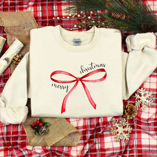Red Bow Coquette Christmas Sweatshirt, Merry Christmas Bow Shirt, Merry Christmas Coquette Sweater for Holidays, Holiday Bow Shirt, Girly Christmas Sweatshirt