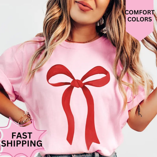 Red Bow Shirt, Comfort Colors, Christmas Bow Shirt, Women's Holiday Tee, Casual Comfy Graphic