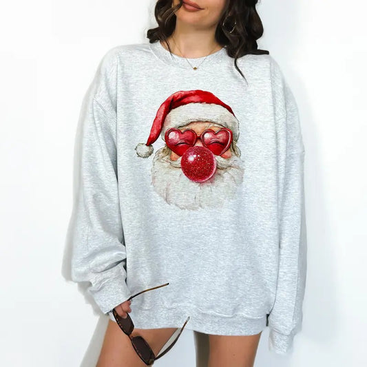 Red Bubblegum Santa - Unisex Crewneck Sweatshirt - Print is Sublimation, Christmas Crewneck, Gift Idea, Relaxed Fit, Casual Apparel