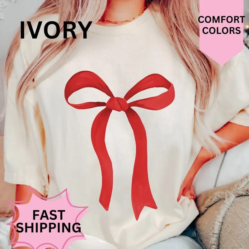 Red Christmas Bow Shirt, Comfort Colors, Christmas Coquette Shirt, Women's Holiday Tee, Casual Comfy Graphic