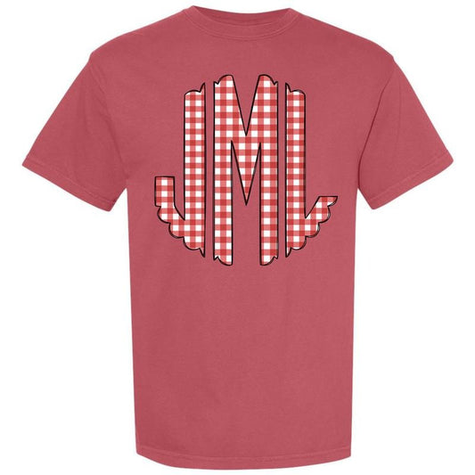 Red Gingham Monogram Comfort Colors T-Shirt 'NLB'