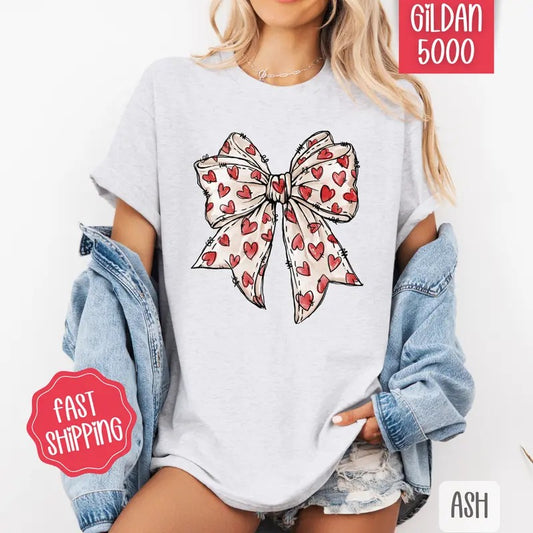 Red Heart Bow 2 Shirt Gildan, Valentine's Day Women's Tee, Holiday Women's Tshirt Plus Sizes