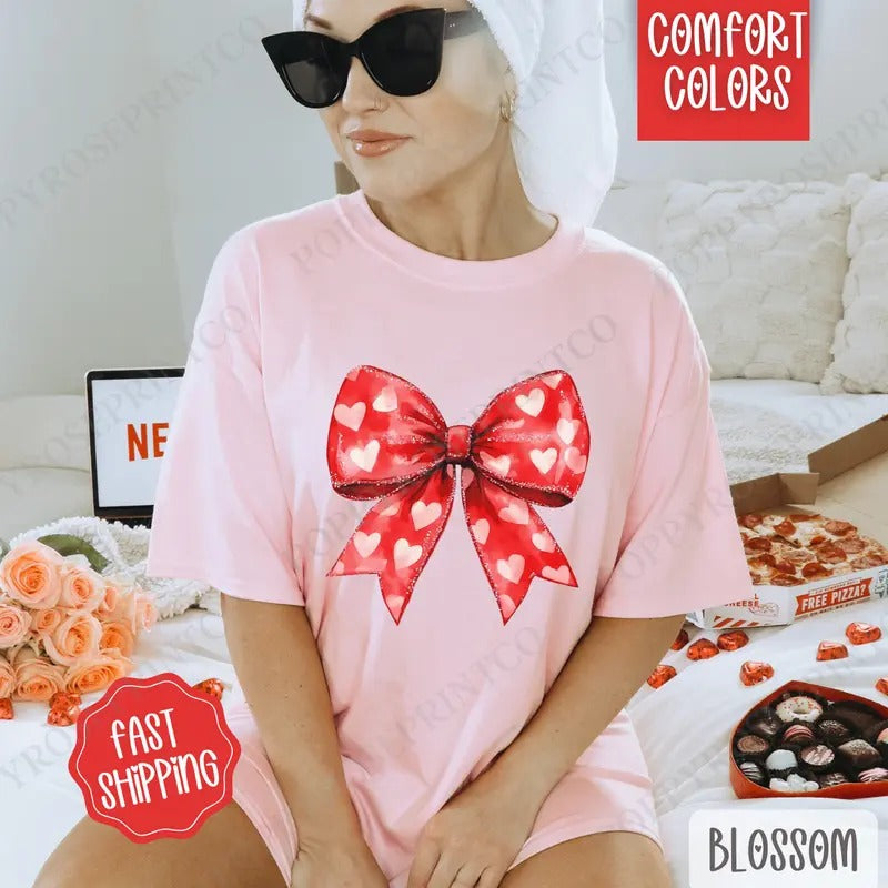 Red Heart Bow Shirt Comfort Colors, Valentine's Day Women's Tee, Holiday Women's Tshirt