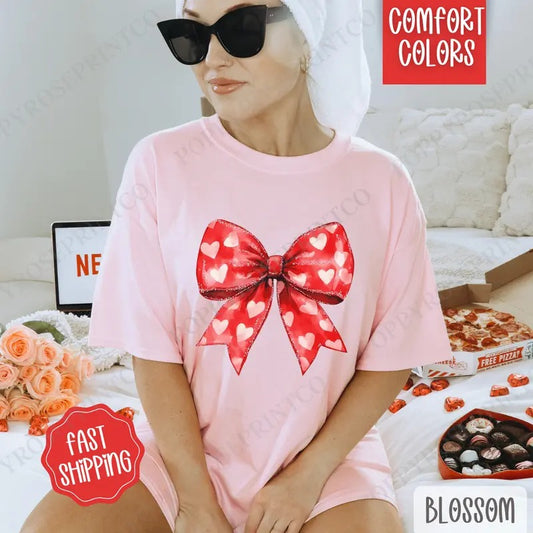 Red Heart Bow Shirt Comfort Colors, Valentine's Day Women's Tee, Holiday Women's Tshirt